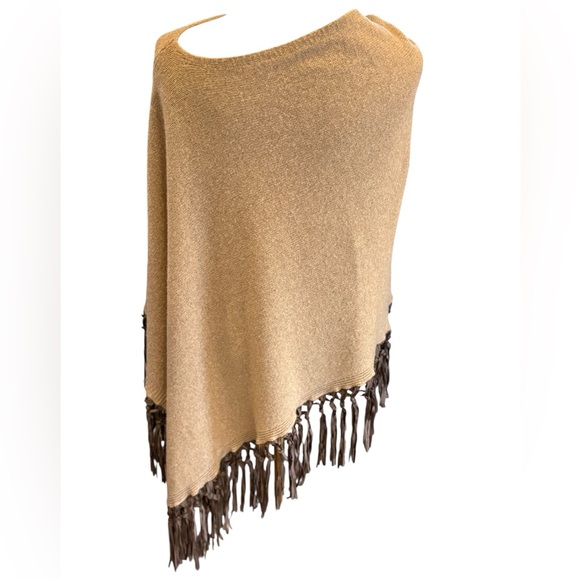 TESMA CASHMERE NWT Tan 100% Cashmere with Leather Fringe Poncho/Wrap - Picture 3 of 12